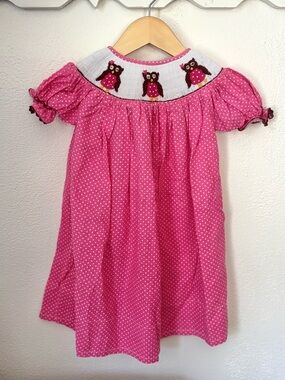Freshly Picked Smocked Owl Dress 12M Pink Polka Dot Boutique Baby Girl